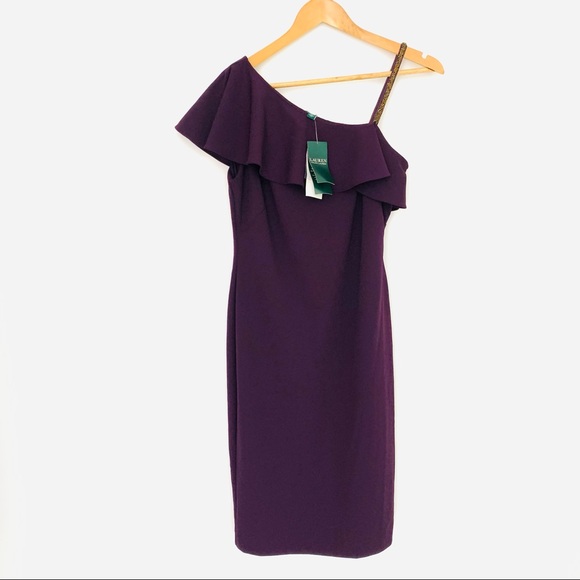 Ralph Lauren Purple Sheath Cocktail Dress Ruffle Shoulder - Picture 3 of 8